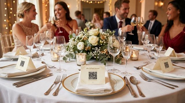 Hochzeit: QR-Code auf dem Tisch, Gäste teilen Fotos